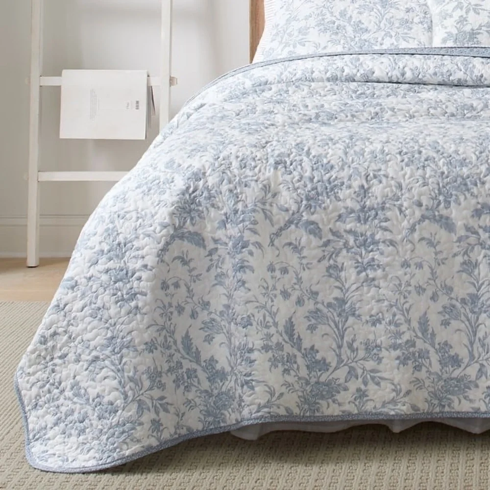 Laura Ashley Amberley Blue King Quilt Bonus Set Cotton Floral Cottage Bedding